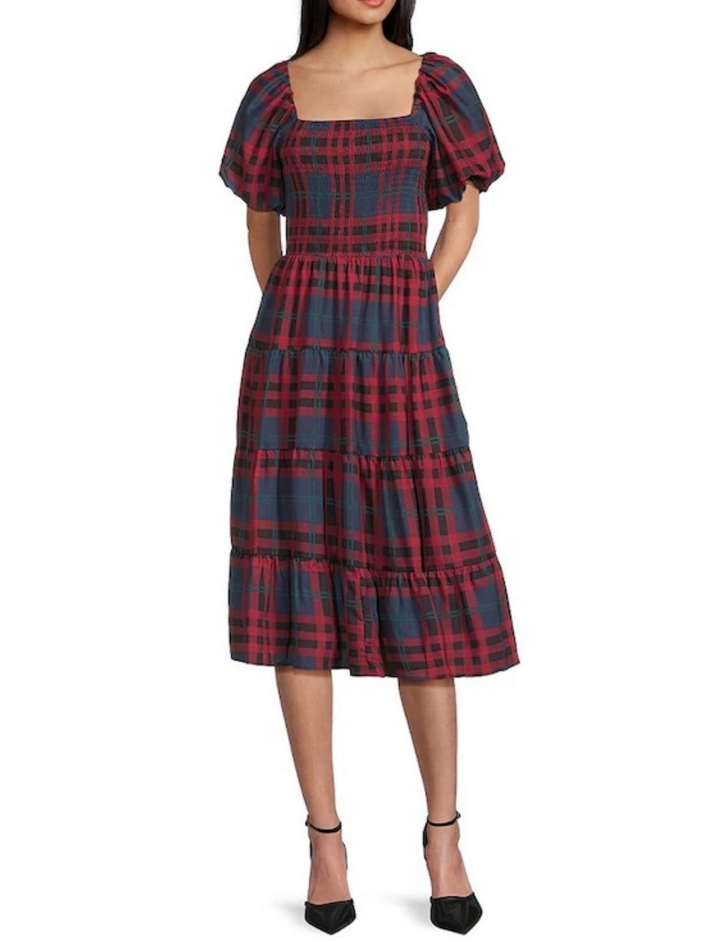 NWT Midnight Doll Smocked Plaid Square Neck Puff Sleeve Midi Dress Size L - Picture 10 of 11